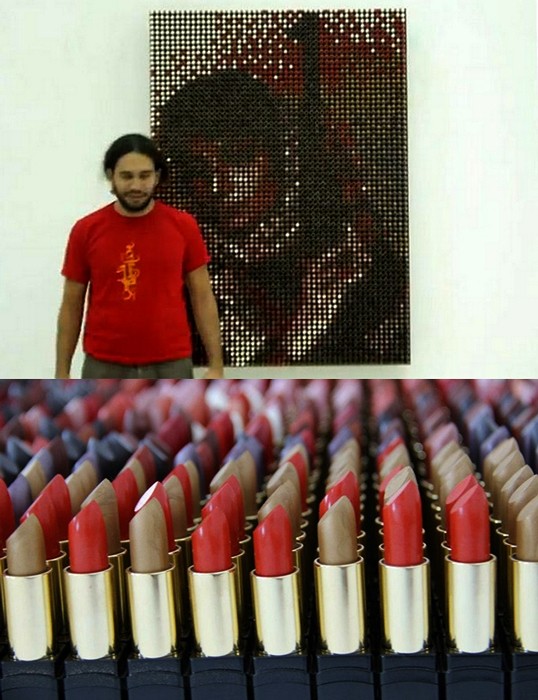 Инсталляция The icon. Портрет Лейлы Халед из 14 цветов губной помады