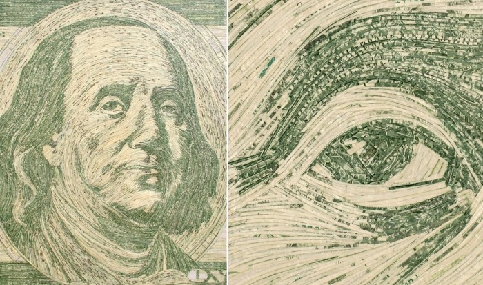 Портреты политиков из измельченных банкнот. Картины от Evan Wondolowski