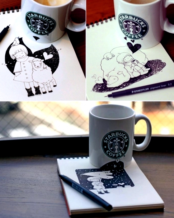 Starbucks Drawings. Рисунки с кофейным настроением от Tomoko Shintani