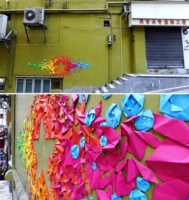 Граффити из оригами. Необычный стрит-арт от Mademoiselle Maurice