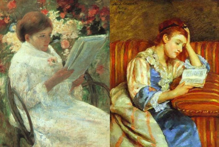 Мэри Кассат. Слева – *Женщина, читающая в саду*, 1880. Справа – *Молодая женщина за чтением*, 1876