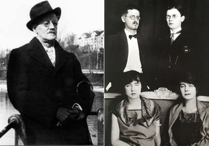 Слева – Джойс во время поездки в Цюрих, 1938. Справа –  Джеймс и Нора с детьми – сыном Джорджио и дочерью Лючией | Фото: liveinternet.ru