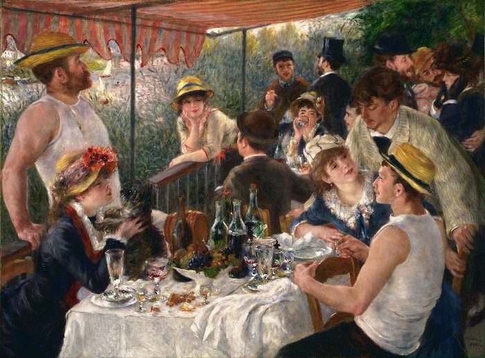 Огюст Ренуар. Завтрак гребцов, 1881. На первом плане – Алина, играющая с собачкой