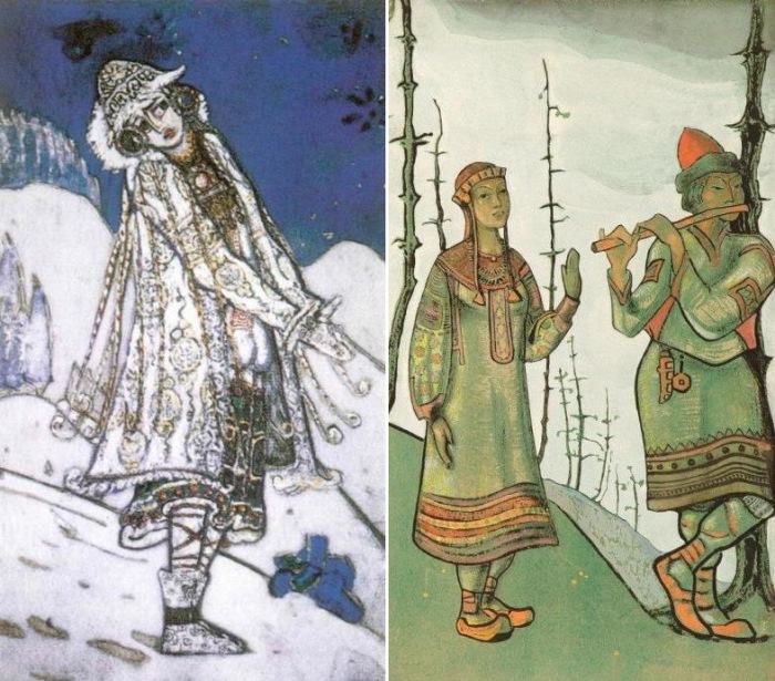 Н. Рерих. Слева – эскиз костюма Снегурочки. Справа – Снегурочка и Лель, 1921