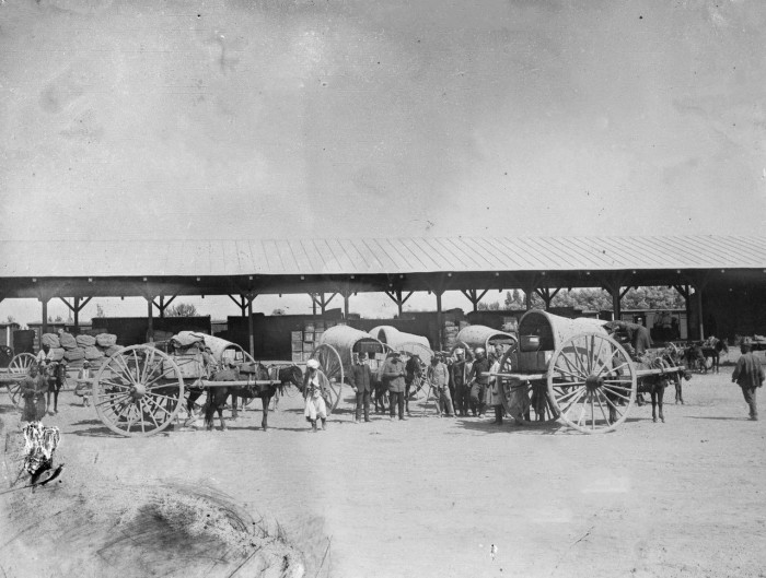 Научно-исследовательская экспедиция грузит свое оборудование в вагон на железнодорожном вокзале перед отъездом в Андижан. Самарканд, 1908 год.