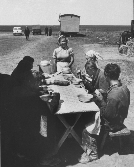 Обед в поле после изнурительных работ. Казахстан, 1958 год. 