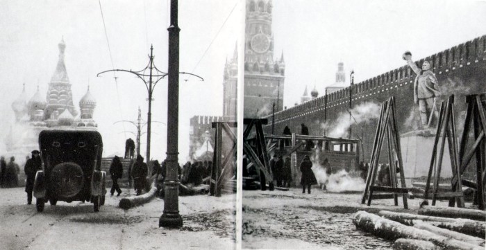 Строительство первого деревянного Мавзолея, которое началось на следующий день после смерти Ленина. СССР, Москва, 1924 год.
