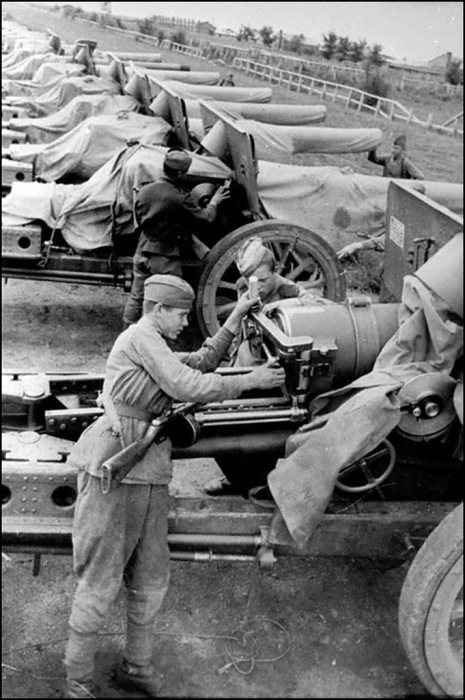 Японская артиллерия крупного калибра, захваченная советскими войсками. 2-й Дальневосточный фронт, 13 сентября 1945 года. 
