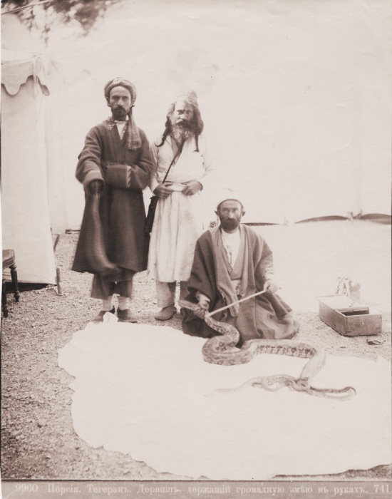 Дервиш, держащий громадную змею в руках. Персия, Тегеран, 1870-е годы. Фото: Dmitry Ermakov. 
