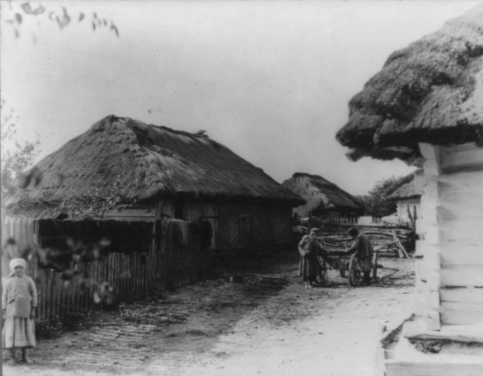 Российская деревня с соломенными хижинами в районе 20 километров от Киева. 1918 год.