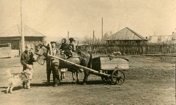 Повозка с людьми в деревне Усть-Погромная. СССР, Даурский район, 1950-е годы.