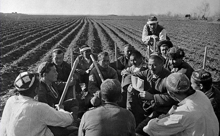 Узбекские колхозники обсуждают план работ. СССР, 30-е годы 20 века.