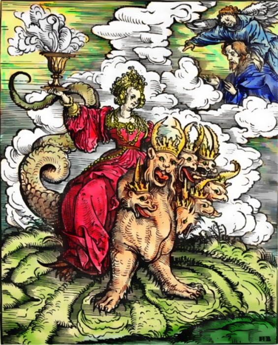 Вавилонская блудница верхом на семиголовом звере Апокалипсиса. Ханс Бургкмайр, 1523 год. | Фото: en.wikipedia.org.