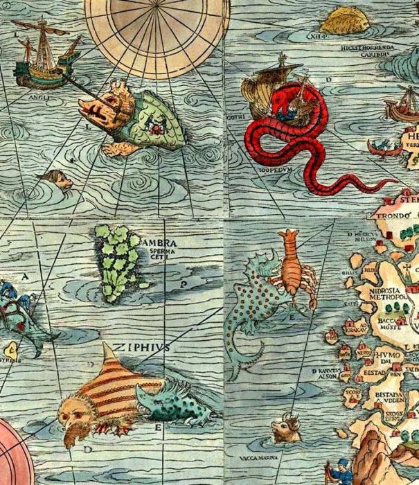 Морские чудовища, населяющие моря и океаны. Фрагмент карты Скандинавии, 1539 год. | Фото: npm.ac.uk.