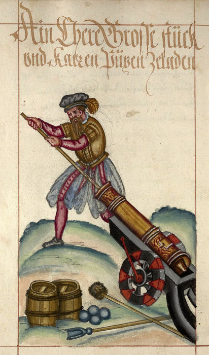 Артиллерист, заряжающий орудие, 1584 год. | Фото: en.wikipedia.org.
