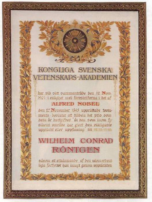 Сертификат о вручении Нобелевской премии по физике Вильгельму Рентгену, 1901 год. | Фото: uni-wuerzburg.de.