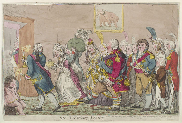 Комичное изображение всех людей, вовлеченных в первую брачную ночь, XVIII век. | Фото: upload.wikimedia.org.