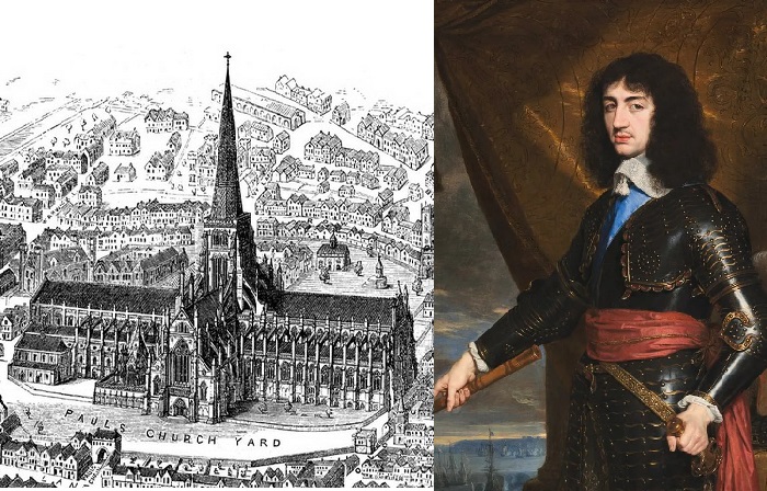 Собор святого Павла, сгоревший при пожаре 1666 года./ Карл II - король Англии, Шотландии и Ирландии в 1660—1685 годах.