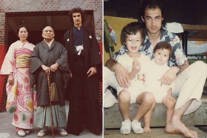 Стивен Сигал с первой женой Мияко Фудзитани и её отцом. / Стивен Сигал с сыном Кентаро и дочерью Аяко.