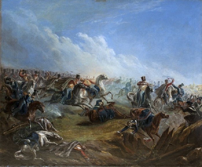 Атака лейб-гвардии гусар под Варшавой 26 августа 1831 года. Масло. (1837 год). Автор: Михаил Лермонтов.