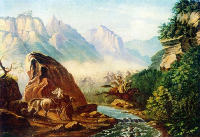 Перестрелка в горах Дагестана. Масло. (1840-1841 г.г.). Автор: М.Ю. Лермонтов.