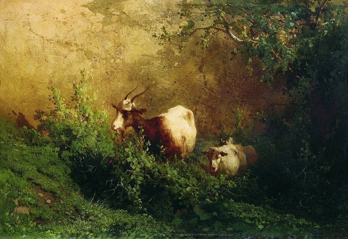 «Пейзаж с козами». (1868 год).  Дагестанский музей изобразительных искусств. Автор: А.И. Мещерский.
