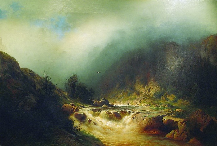 «Река в горах Швейцарии». (1870-е). Частное собрание. Автор: А.И. Мещерский.