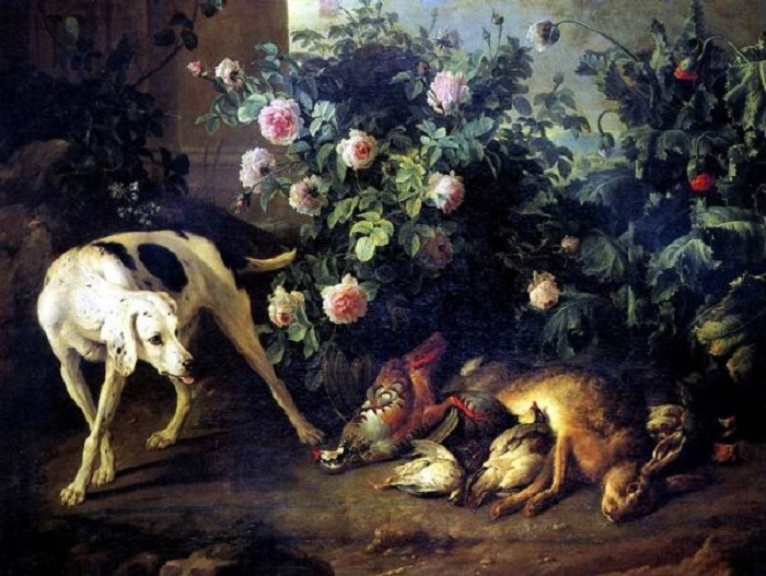  «Натюрморт с собакой и битой дичью у розового куста». Автор: Депорт Франсуа.