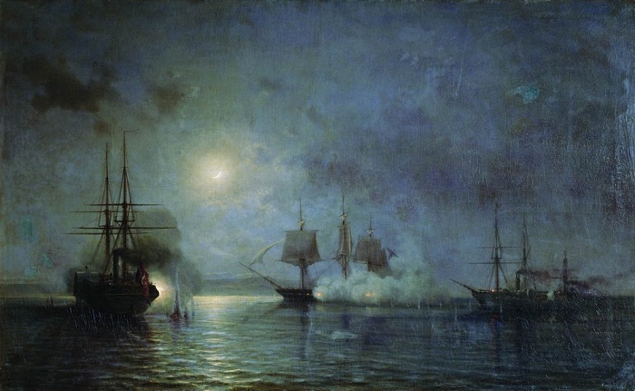  Ночное нападение на 44-пушечный фрегат «Флора» с 5 на 6 ноября 1853 года. (1857). Автор: Алексей Петрович Боголюбов. 