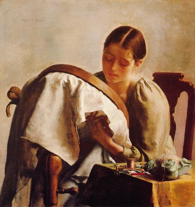  Молодая девушка вышивает. (1890-1894). Автор: Чарльз Фредерик Ульрих.