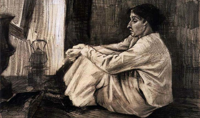 «Син с сигарой, сидящая на полу напротив огня» (1882). Автор: Ван Гог.