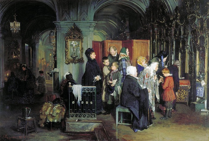 «Перед исповедью». (1877). Автор: А.И.Корзухин. 