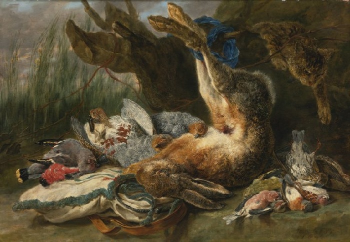 «Натюрморт с зайцем, дичью и котом». (1644). Холст, масло. 60.3х87.7см  Автор: Ян Фейт. 
