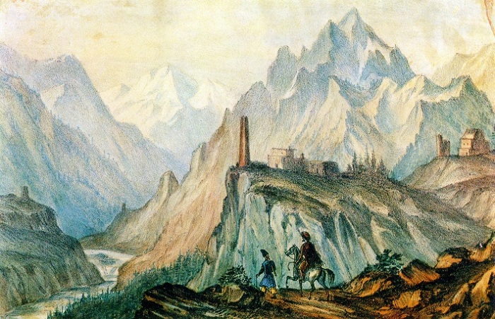Вид Крестовой горы из ущелья близ Коби. Автолитография, раскрашенная акварелью. (1837-38г.г.). Автор: М.Ю. Лермонтов.