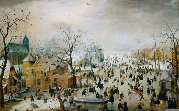 Зимний пейзаж с жителями, катающимися на льду 1609 год.