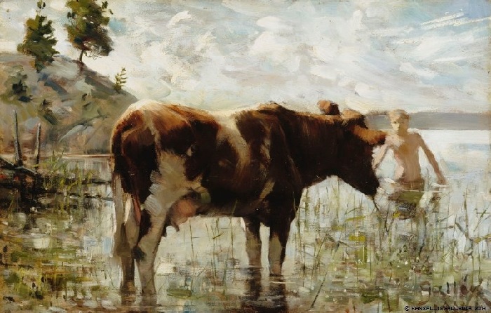 Корова и мальчик. (1885 год). Автор: Аксели Галлен-Каллела. 