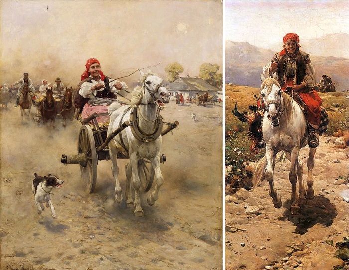 Благородные лошади на охоте и в упряжках на картинах польского художника  Веруш-Ковальского
