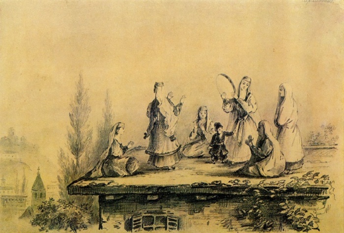 Грузинки на крыше сакли. Графитный карандаш. (1837год). Автор: М.Ю. Лермонтов.