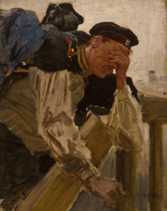 Этюд к картине "Плачущий солдат". (1880 год). Художник: Константин Савицкий.
