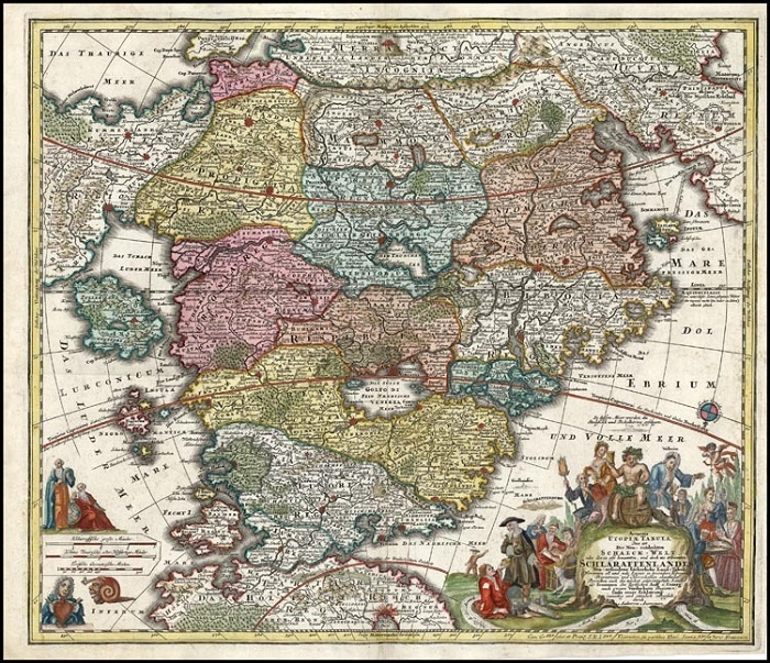 Вымышленная карта Шлараффенланда. (Немецкая трактовка страны «Кокань»). Иоганн Баптист Гоманн. (1730).