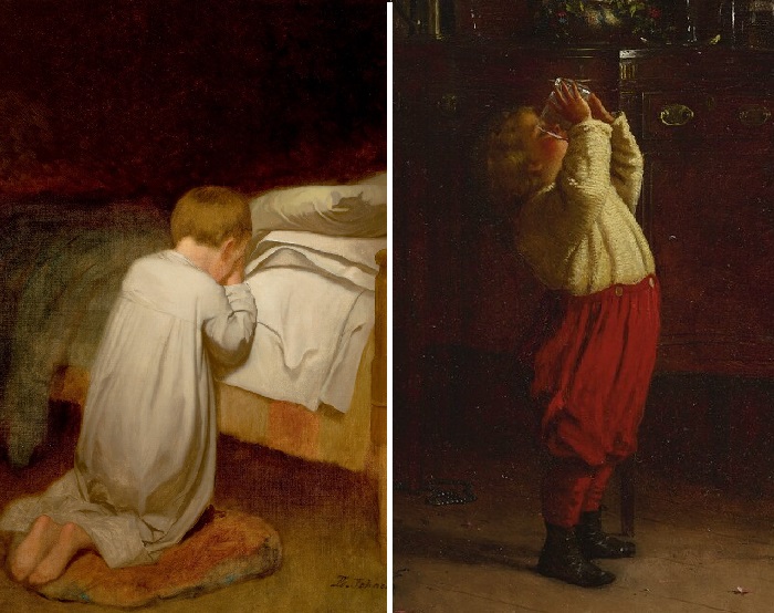  «Child at Prayer».«Младенец за молитвой» (1873 год). Холст на мазоните, масло. 91,4 х 68,6см / «After the feast». «После застолья». (1872 год). Масло на картоне.  Автор: Истмен Джонсон.