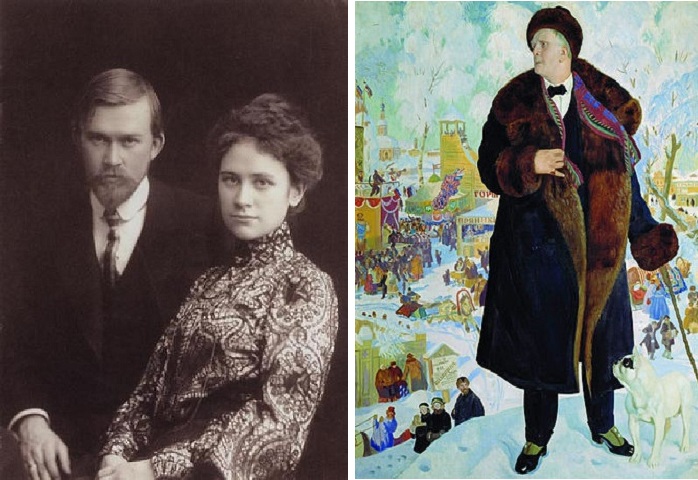 Б.М.Кустодиев с женой / Портрет Ф.И. Шаляпина (1921)