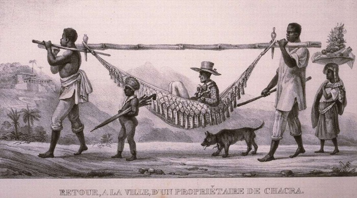 Рабы - носильщики транспортируют своего господина (Бразилия, 1831 год)