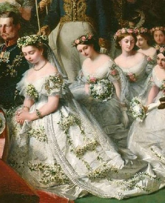 Королева Виктория с подружками невесты - на голове невесты венок из апельсинового цвета, на подружках венки из роз