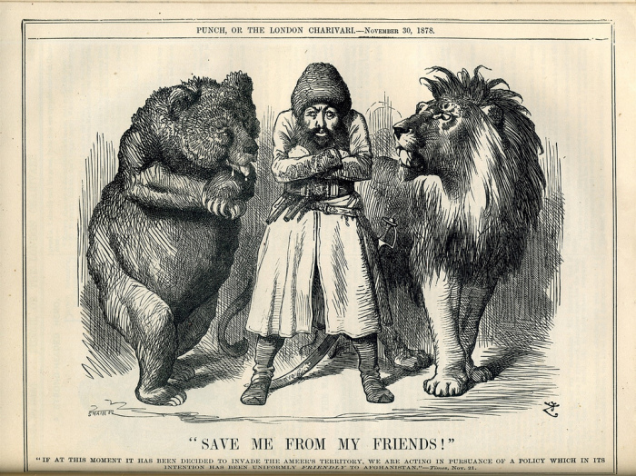 «Спасите меня от моих друзей». Карикатура времён Большой игры. Афганский эмир Шир-Али между Россией (медведь) и Британской империей (лев)./Фото: ordu.az