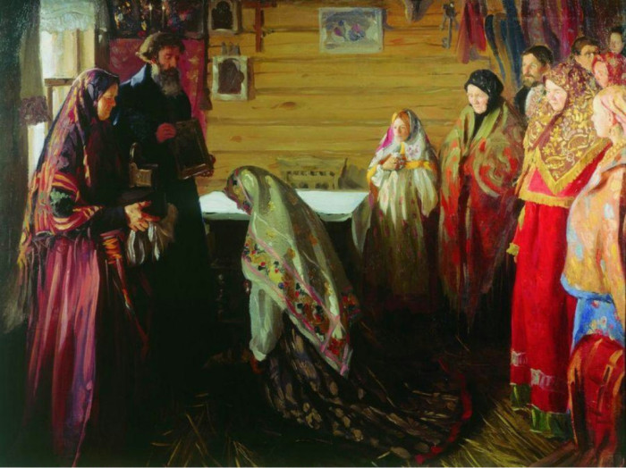 И. Куликов. Старинный обряд благословения невесты в городе Муроме 1909 г. Без благословления родителей молодые не могли заключить брак.