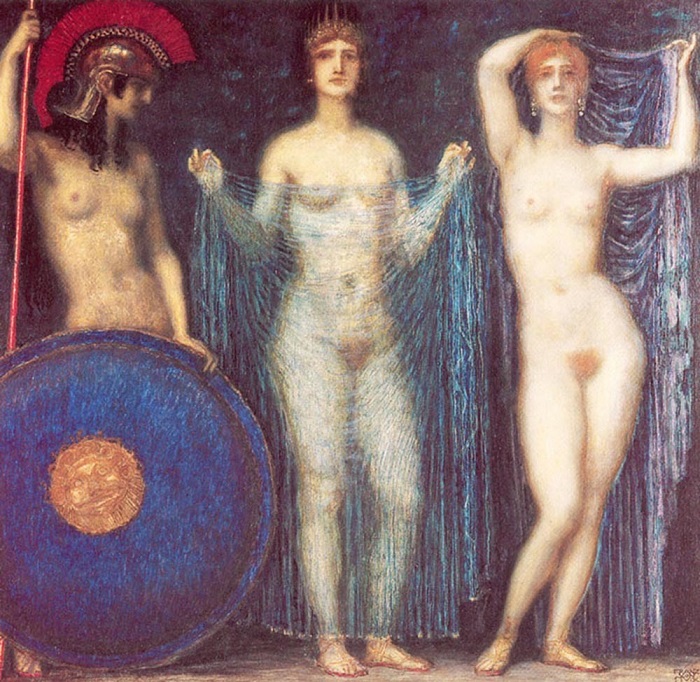Богини Афина, Гера и Афродита перед Парисом. Каждая из них по-своему покровительствовала греческой женщине. Картина Франца фон Штука.