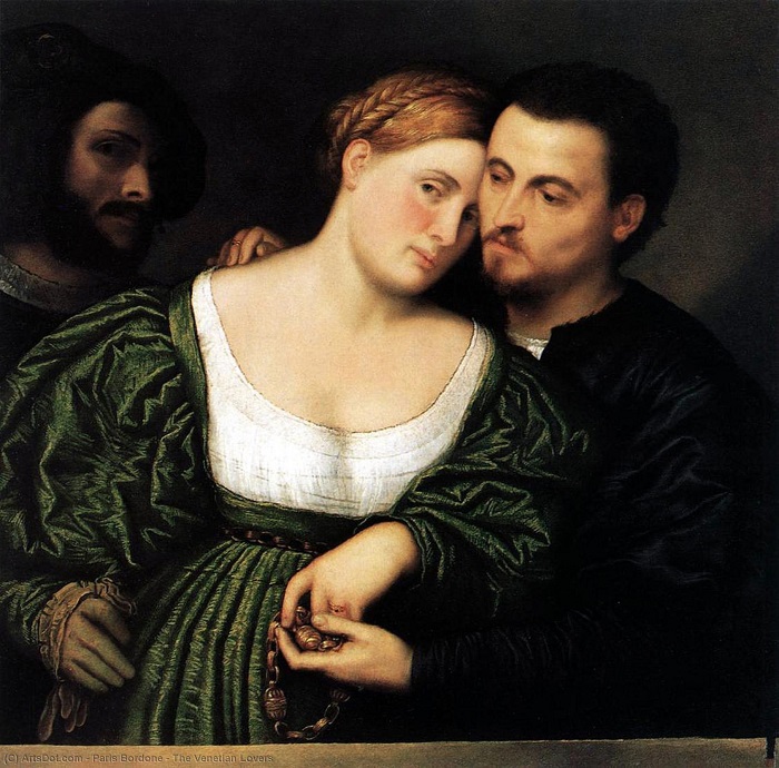 Парис Бордоне. Венецианские любовники. Стоит заметить, что женщина на картине не выглядит счастливой, а за её плечом стоит тёмная личность, так что картина вряд ли о любви.