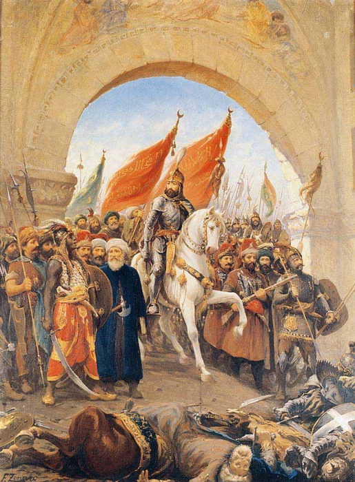 Взятие султаном Мехмедом Константинополя. В виде одного из спутников Мехмеда Дзонаро изобразил себя.