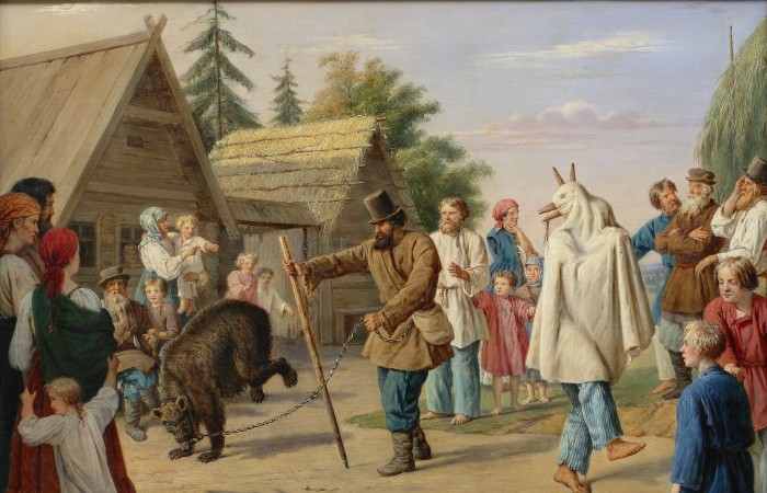 Франц Рисс. Скоморохи в деревне, 1857.. Фрагмент.